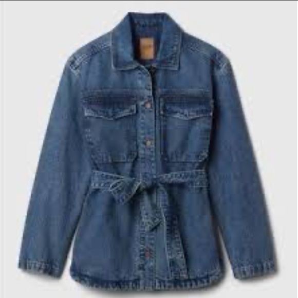 Gap Belted Denim Shirt Jacket in Medium Indigo Sz S Petite - Picture 1 of 7